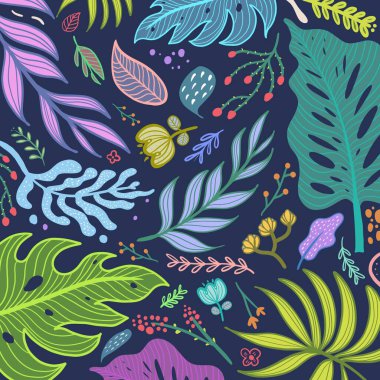 Renkli tropikal çiçekleri ve tropikal yaprakları olan egzotik çiçek desenleri, modaya uygun halk tarzı modern çiçek arkaplanı için koyu mavi arkaplan şablonu üzerinde.