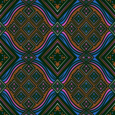 Ikat geometrik folklor süsü, kabile etnik dokusu. Aztek tarzında kusursuz çizgili desen, şekil nakış, İskandinav deseni, Ikat deseni.