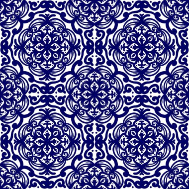 Retro geometrik desen tekrarlanıyor. Kumaş izi. Damask tarzı, kusursuz arkaplan, mozaik süs, klasik tarz. Kumaşlardaki parmak izleri için tasarım