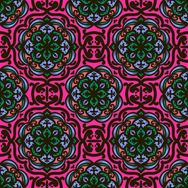 Retro geometrik desen tekrarlanıyor. Kumaş izi. Damask tarzı, kusursuz arkaplan, mozaik süs, klasik tarz. Kumaşlardaki parmak izleri için tasarım