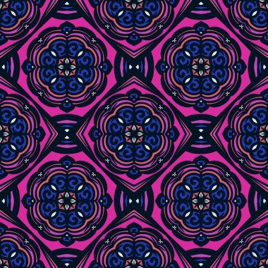 Retro geometrik desen tekrarlanıyor. Kumaş izi. Damask tarzı, kusursuz arkaplan, mozaik süs, klasik tarz. Kumaşlardaki parmak izleri için tasarım