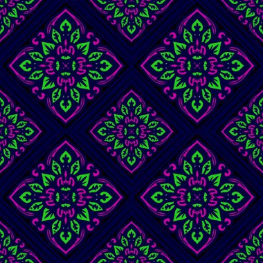 Mandalalı kusursuz desenli çiçek, klasik dekoratif elementler, klasik dekoratif çizimler, renkli kabile süsleriyle etnik mandala.