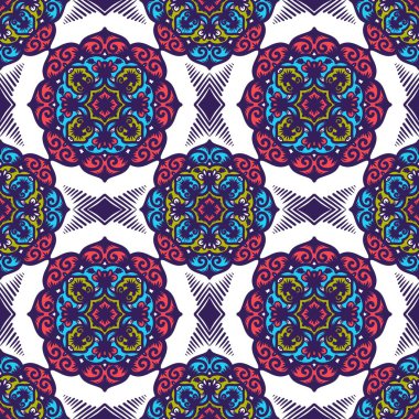 Mandalalı kusursuz desenli çiçek, klasik dekoratif elementler, klasik dekoratif çizimler, renkli kabile süsleriyle etnik mandala.