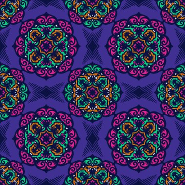 Mandalalı kusursuz desenli çiçek, klasik dekoratif elementler, klasik dekoratif çizimler, renkli kabile süsleriyle etnik mandala.