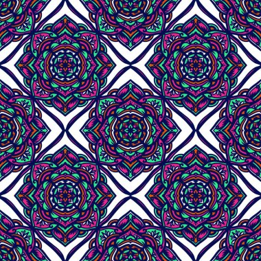Mandalalı kusursuz desenli çiçek, klasik dekoratif elementler, klasik dekoratif çizimler, renkli kabile süsleriyle etnik mandala.