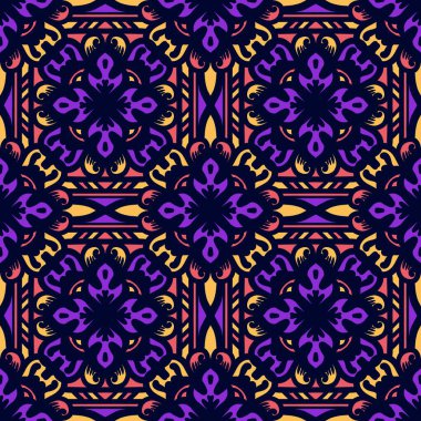 Mandalalı kusursuz desenli çiçek, klasik dekoratif elementler, klasik dekoratif çizimler, renkli kabile süsleriyle etnik mandala.