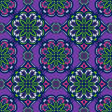 Mandalalı kusursuz desenli çiçek, klasik dekoratif elementler, klasik dekoratif çizimler, renkli kabile süsleriyle etnik mandala.