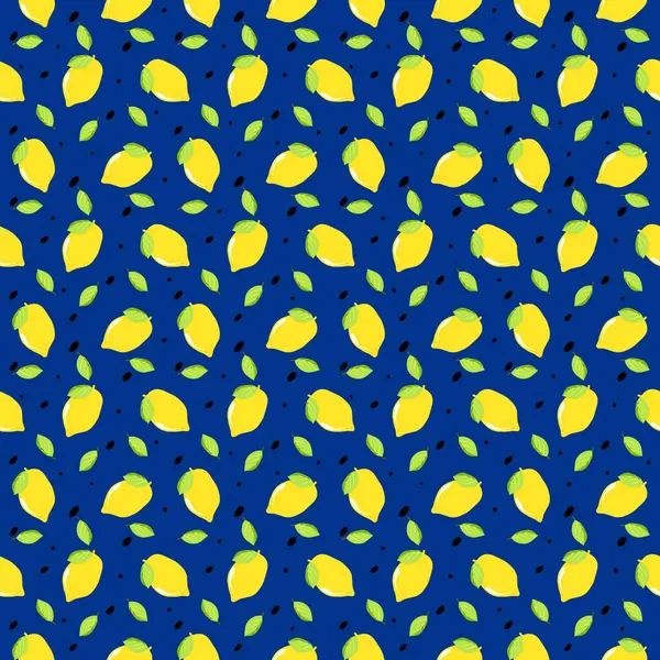 Kusursuz desenli sarı limon ve mavi arkaplanda meyve bırakır. Arka plan için kullanılan lezzetli meyve örneklerinin parlaklığı
