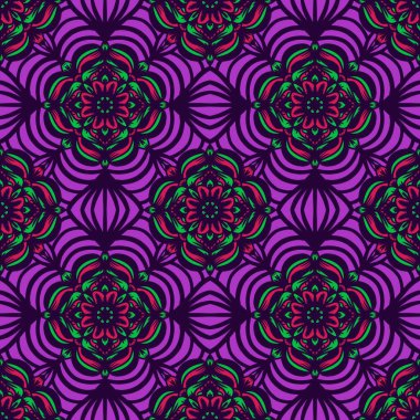 Mandalalı kusursuz desenli çiçek, klasik dekoratif elementler, klasik dekoratif çizimler, renkli kabile süsleriyle etnik mandala.