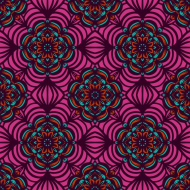 Mandalalı kusursuz desenli çiçek, klasik dekoratif elementler, klasik dekoratif çizimler, renkli kabile süsleriyle etnik mandala.