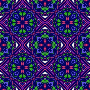 Mandalalı kusursuz desenli çiçek, klasik dekoratif elementler, klasik dekoratif çizimler, renkli kabile süsleriyle etnik mandala.