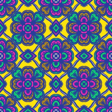 Mandalalı kusursuz desenli çiçek, klasik dekoratif elementler, klasik dekoratif çizimler, renkli kabile süsleriyle etnik mandala.