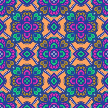 Mandalalı kusursuz desenli çiçek, klasik dekoratif elementler, klasik dekoratif çizimler, renkli kabile süsleriyle etnik mandala.