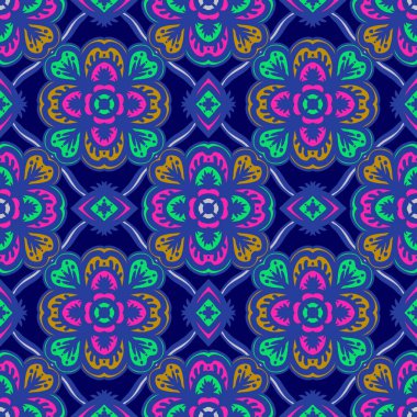 Mandalalı kusursuz desenli çiçek, klasik dekoratif elementler, klasik dekoratif çizimler, renkli kabile süsleriyle etnik mandala.