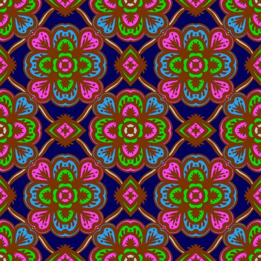 Mandalalı kusursuz desenli çiçek, klasik dekoratif elementler, klasik dekoratif çizimler, renkli kabile süsleriyle etnik mandala.