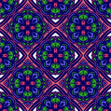 Mandalalı kusursuz desenli çiçek, klasik dekoratif elementler, klasik dekoratif çizimler, renkli kabile süsleriyle etnik mandala.