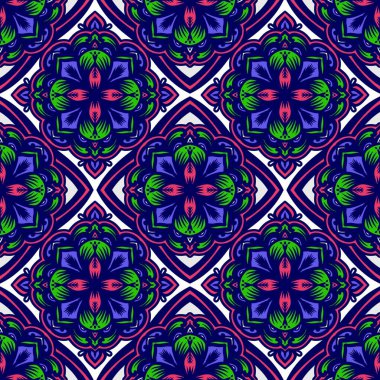 Mandalalı kusursuz desenli çiçek, klasik dekoratif elementler, klasik dekoratif çizimler, renkli kabile süsleriyle etnik mandala.