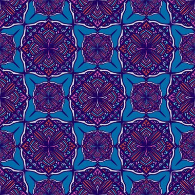 Mandalalı kusursuz desenli çiçek, klasik dekoratif elementler, klasik dekoratif çizimler, renkli kabile süsleriyle etnik mandala.