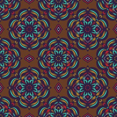 Mandalalı kusursuz desenli çiçek, klasik dekoratif elementler, klasik dekoratif çizimler, renkli kabile süsleriyle etnik mandala.