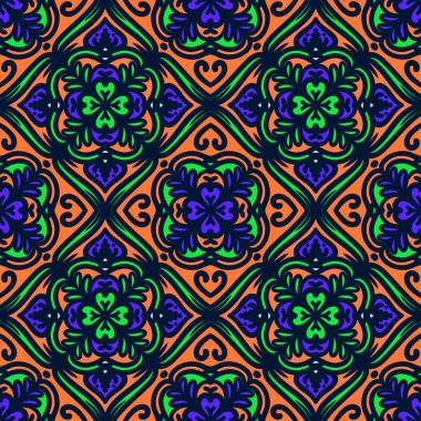 Retro geometrik desen tekrarlanıyor. Kumaş izi. Damask tarzı, kusursuz arkaplan, mozaik süs, klasik tarz. Kumaşlardaki parmak izleri için tasarım