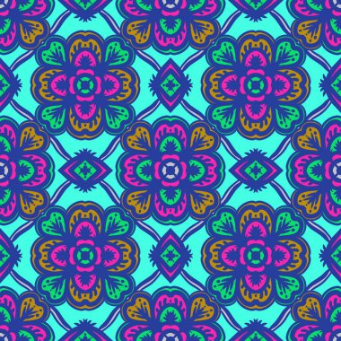 Mandalalı kusursuz desenli çiçek, klasik dekoratif elementler, klasik dekoratif çizimler, renkli kabile süsleriyle etnik mandala.