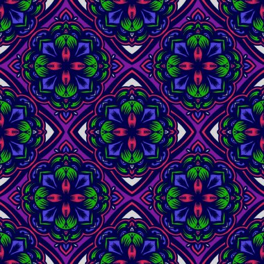 Mandalalı kusursuz desenli çiçek, klasik dekoratif elementler, klasik dekoratif çizimler, renkli kabile süsleriyle etnik mandala.