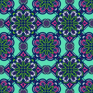 Mandalalı kusursuz desenli çiçek, klasik dekoratif elementler, klasik dekoratif çizimler, renkli kabile süsleriyle etnik mandala.