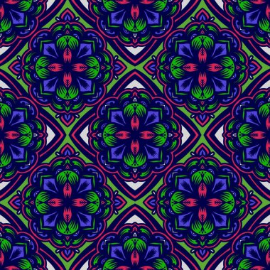 Mandalalı kusursuz desenli çiçek, klasik dekoratif elementler, klasik dekoratif çizimler, renkli kabile süsleriyle etnik mandala.