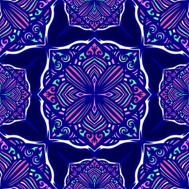 Mandalalı kusursuz desenli çiçek, klasik dekoratif elementler, klasik dekoratif çizimler, renkli kabile süsleriyle etnik mandala.