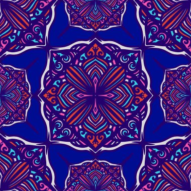 Mandalalı kusursuz desenli çiçek, klasik dekoratif elementler, klasik dekoratif çizimler, renkli kabile süsleriyle etnik mandala.