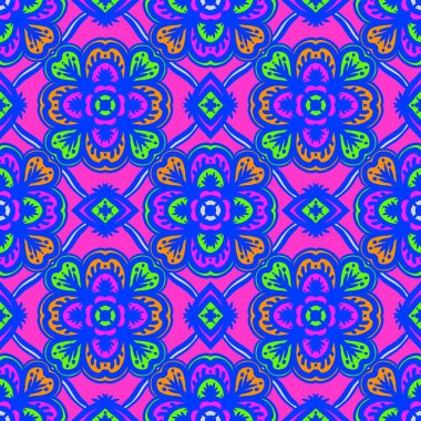 Mandalalı kusursuz desenli çiçek, klasik dekoratif elementler, klasik dekoratif çizimler, renkli kabile süsleriyle etnik mandala.