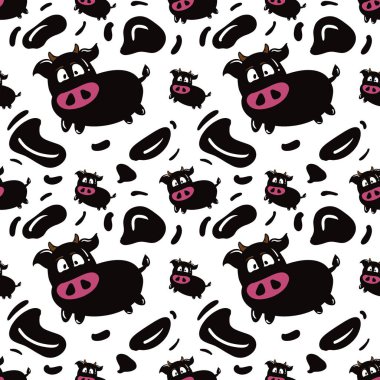 Pembe burunlu kusursuz desenli siyah domuz beyaza izole edilmiş. Arka plan için tekstil kumaş deseni çizimi