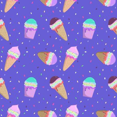 Kusursuz desenli Parlak ve Pastel Renkler. Dondurma külahlı. Duvar kağıdı, baskı, kağıt, ambalaj, tekstil için kullan.