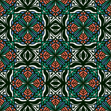 Mandalalı kusursuz desenli çiçek, klasik dekoratif elementler, klasik dekoratif çizimler, renkli kabile süsleriyle etnik mandala.