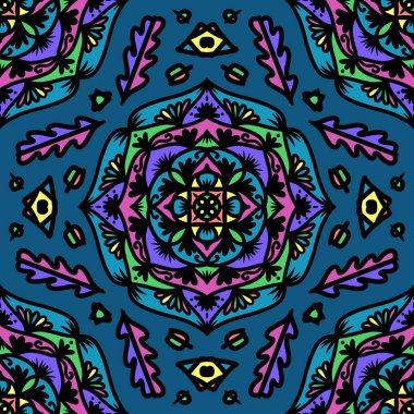 Mandalalı kusursuz desenli çiçek, klasik dekoratif elementler, klasik dekoratif çizimler, renkli kabile süsleriyle etnik mandala, renkli çiçek desenleri.