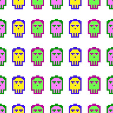 Kusursuz desenli pikseller, canavarlar ve robotlar. Çizgi film pikseli kafatası simgeleri çizimi.