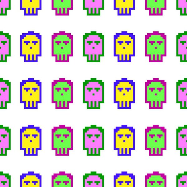 Seamless pattern pixel art , Monsters and robots. Cartoon pixel skull icons illustration.