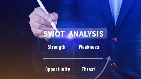 SWOT analysis concept, Businessman drawing swot analysis strategy diagram, Strength and weakness, Opportunity and Threat. Teamwork brainstorming vision and goal.