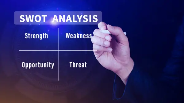 SWOT analysis concept, Businessman drawing swot analysis strategy diagram, Strength and weakness, Opportunity and Threat. Teamwork brainstorming vision and goal.