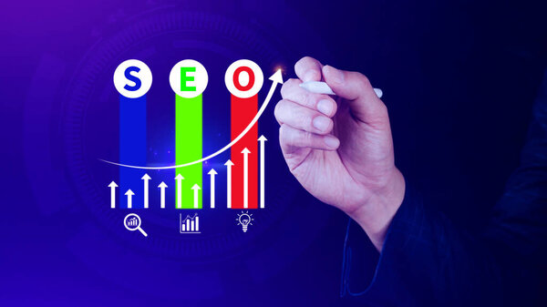 Концепции SEO, SEO Search Engine Optimization, концепция продвижения рейтинга трафика на сайте, оптимизация вашего сайта для ранжирования в поисковых системах или SEO.