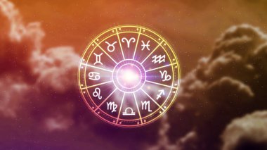 Astroloji ve burç kavramı, burç çarkının içindeki kişi, yıldız çemberi içindeki astrolojik burç işaretleri, gökyüzündeki yıldızlar bilgisi, evrenin gücü..