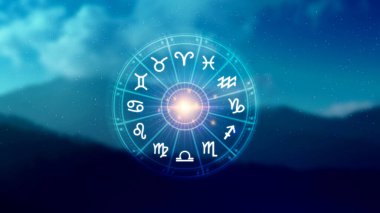 Astroloji ve burç kavramı, burç çarkının içindeki kişi, yıldız çemberi içindeki astrolojik burç işaretleri, gökyüzündeki yıldızlar bilgisi, evrenin gücü..