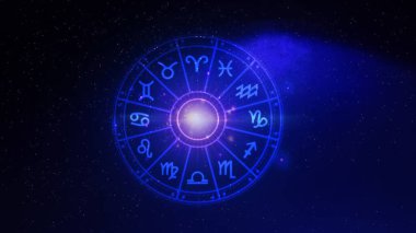 Astroloji ve burç kavramı, burç çarkının içindeki kişi, yıldız çemberi içindeki astrolojik burç işaretleri, gökyüzündeki yıldızlar bilgisi, evrenin gücü..