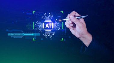 Ai teknolojisi, iş adamı sanal küresel internet bağlantısı kullanan Chatgpt sohbet yapay zeka, komut kullanarak bir şeyler üretmek için, fütürist teknoloji dönüşümü.
