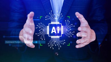 Ai teknolojisi, iş adamı sanal küresel internet bağlantısı kullanan Chatgpt sohbet yapay zeka, komut kullanarak bir şeyler üretmek için, fütürist teknoloji dönüşümü.