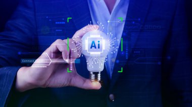 Ai teknolojisi, iş adamı sanal küresel internet bağlantısı kullanan Chatgpt sohbet yapay zeka, komut kullanarak bir şeyler üretmek için, fütürist teknoloji dönüşümü.
