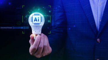 Ai teknolojisi, iş adamı sanal küresel internet bağlantısı kullanan Chatgpt sohbet yapay zeka, komut kullanarak bir şeyler üretmek için, fütürist teknoloji dönüşümü.