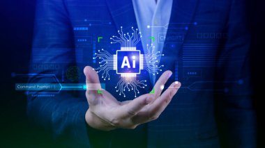 Ai teknolojisi, iş adamı sanal küresel internet bağlantısı kullanan Chatgpt sohbet yapay zeka, komut kullanarak bir şeyler üretmek için, fütürist teknoloji dönüşümü.