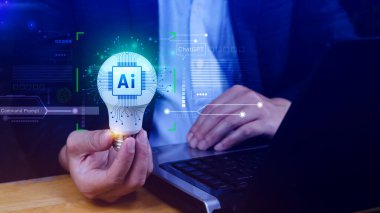 Ai teknolojisi, iş adamı sanal küresel internet bağlantısı kullanan Chatgpt sohbet yapay zeka, komut kullanarak bir şeyler üretmek için, fütürist teknoloji dönüşümü.