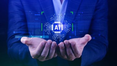 Ai teknolojisi, iş adamı sanal küresel internet bağlantısı kullanan Chatgpt sohbet yapay zeka, komut kullanarak bir şeyler üretmek için, fütürist teknoloji dönüşümü.